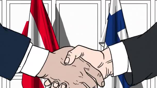Підприємці або політиків потиснути один одному руки проти прапори Австрії та Фінляндії. Офіційна зустріч або співпраці пов'язані з мультфільму анімації — стокове відео