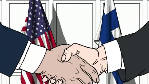 Empresarios o políticos se dan la mano contra banderas de Estados Unidos y Finlandia. Reunión oficial o animación de dibujos animados relacionados con la cooperación — Vídeos de Stock