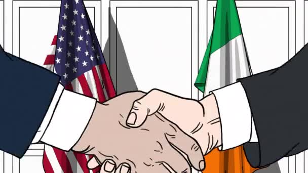 Бизнесмены или политики пожимают руку флагу США и Ирландии. Официальная встреча или сотрудничество по анимации мультфильмов — стоковое видео