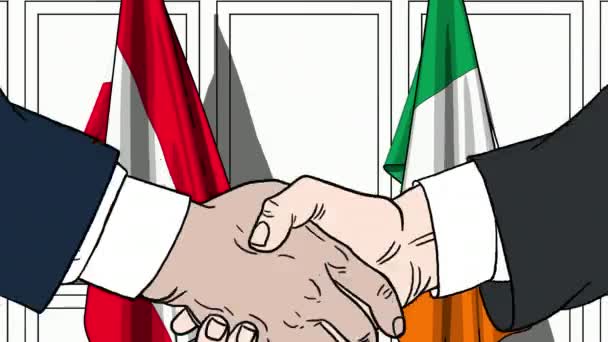 Geschäftsleute oder Politiker schütteln Hände gegen Fahnen von Österreich und Irland. offizielles Treffen oder Zusammenarbeit im Zusammenhang mit Zeichentrickfilmen — Stockvideo