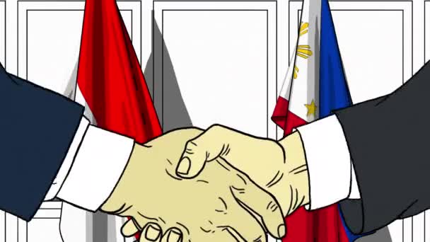 商人或政治家与印度尼西亚和菲律宾的国旗握手。正式会议或合作相关动漫 — 图库视频影像
