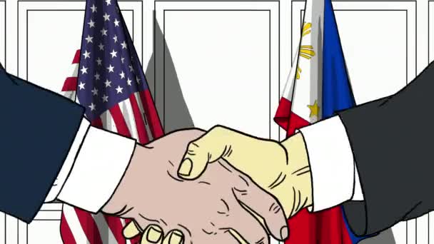 Επιχειρηματίες ή πολιτικοί χειραψία κατά σημαίες των ΗΠΑ και των Φιλιππίνων. Επίσημη συνάντηση ή συνεργασίας που σχετίζονται με κινούμενα σχέδια — Αρχείο Βίντεο