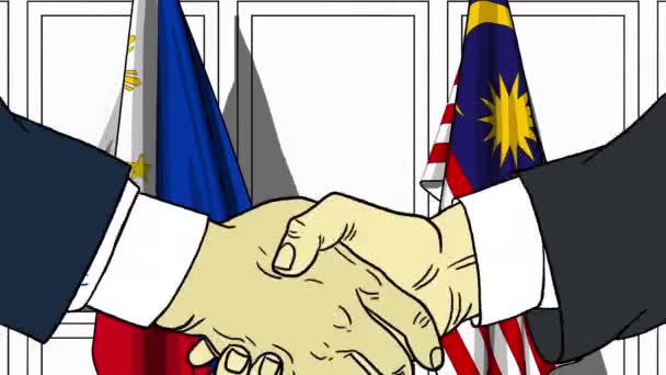 Businessmen or politicians shake hands against flags of Philippines and Malaysia. Official meeting or cooperation related cartoon animation — Stock Video