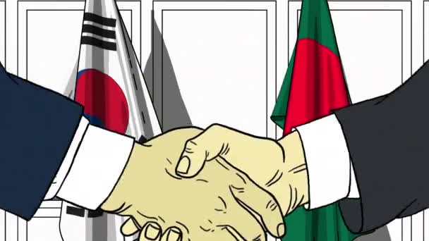 Empresarios o políticos se dan la mano contra banderas de Corea del Sur y Bangladesh. Reunión oficial o animación de dibujos animados relacionados con la cooperación — Vídeos de Stock