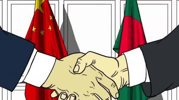 Підприємці або політиків потиснути один одному руки проти прапори Китаю та Бангладеш. Офіційна зустріч або співпраці пов'язані з мультфільму анімації — стокове відео