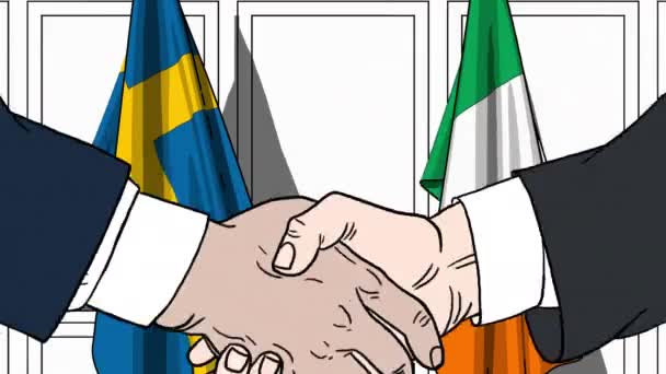 Des hommes d'affaires ou des politiciens serrent la main contre les drapeaux de Suède et d'Irlande. Réunion officielle ou animation de bande dessinée liée à la coopération — Video