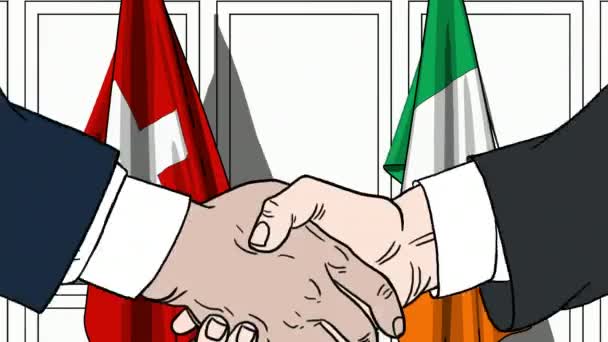 Businessmen or politicians shake hands against flags of Switzerland and Ireland. Official meeting or cooperation related cartoon animation — Stock Video