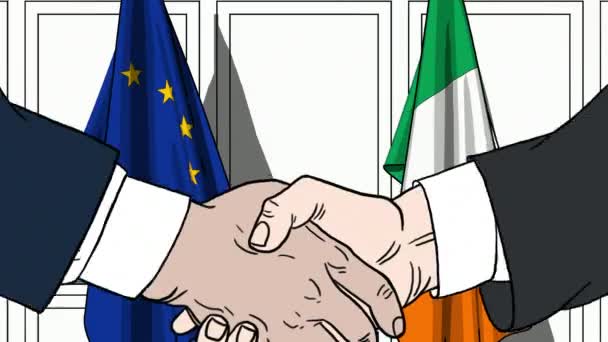 Businessmen or politicians shake hands against flags of the EU and Ireland. Official meeting or cooperation related cartoon animation — Stock Video