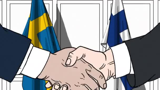 Affärsmän eller politiker skakar hand mot flaggor för Sverige och Finland. Officiellt möte eller samarbete med tecknad animation — Stockvideo