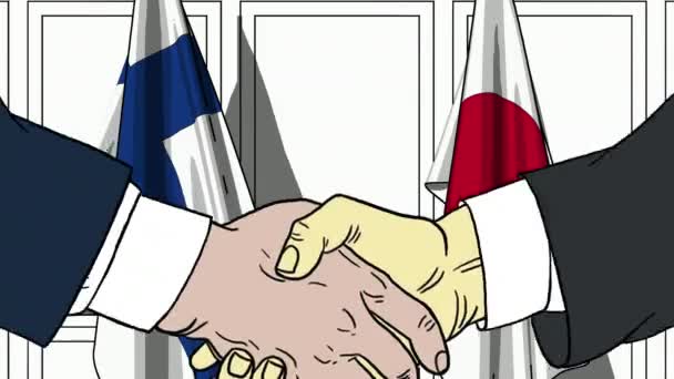 Businessmen or politicians shake hands against flags of Finland and Japan. Official meeting or cooperation related cartoon animation — Stock Video