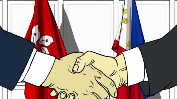 Empresarios o políticos se dan la mano contra las banderas de Hong Kong y Filipinas. Reunión oficial o animación de dibujos animados relacionados con la cooperación — Vídeos de Stock