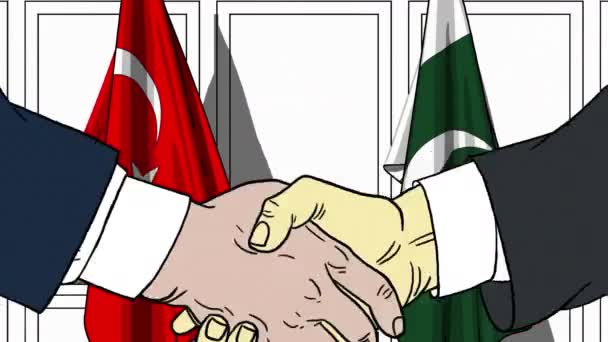 ビジネスマンや政治家は、トルコとパキスタンの国旗に対して手を振る。公式会議や協力関連漫画アニメ — ストック動画