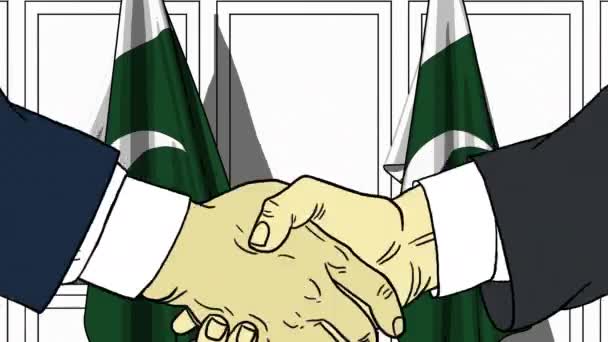 Des hommes d'affaires ou des politiciens serrent la main contre les drapeaux du Pakistan. Réunion officielle ou animation de bande dessinée liée à la coopération — Video