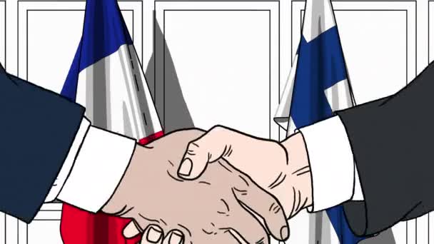 Businessmen or politicians shake hands against flags of France and Finland. Official meeting or cooperation related cartoon animation — Stock Video