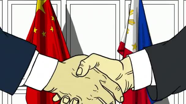 Empresarios o políticos se dan la mano contra las banderas de China y Filipinas. Reunión oficial o animación de dibujos animados relacionados con la cooperación — Vídeo de stock