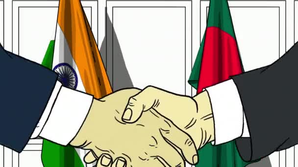 Zakenlieden of politici schudden handen tegen de lijst van vlaggen van India en Bangladesh. Officiële bijeenkomst of samenwerking gerelateerde cartoon-animatie — Stockvideo