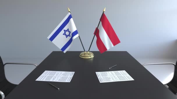 Flagi Polska i Austria i dokumentacją na stole. Negocjacji i podpisywania umowy międzynarodowej. Koncepcyjne animacji 3d — Wideo stockowe