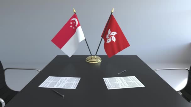 Flaggen Und Papiere Auf Dem Tisch Verhandlungen Und Vertragsunterzeichnung Konzeptionelle — Stockvideo