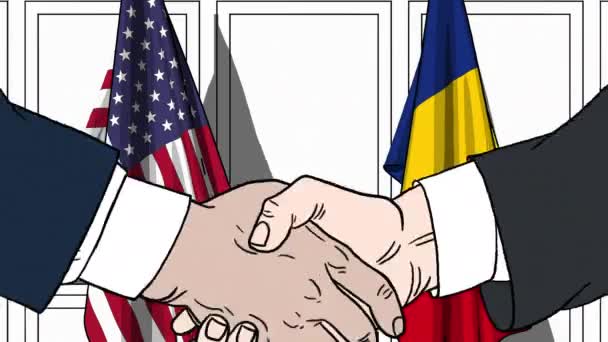 Businessmen or politicians shake hands against flags of the USA and Romania. Official meeting or cooperation related cartoon animation — Stock Video