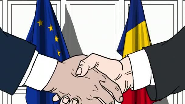 Empresários ou políticos apertam as mãos contra bandeiras da União Europeia e da Roménia. Reunião oficial ou animação de desenhos animados relacionados com a cooperação — Vídeo de Stock