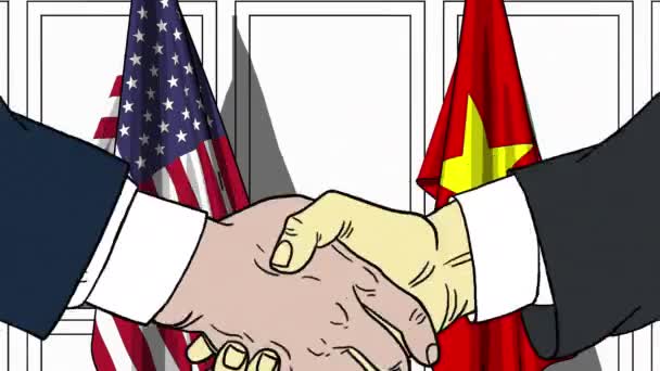 Pebisnis Berjabat Tangan Melawan Bendera Pertemuan Resmi Atau Animasi Kartun — Stok Video
