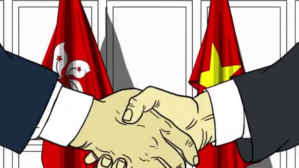 Бизнесмены или политики пожимают руку флагу Гонконга и Вьетнама. Официальная встреча или сотрудничество по анимации мультфильмов — стоковое видео