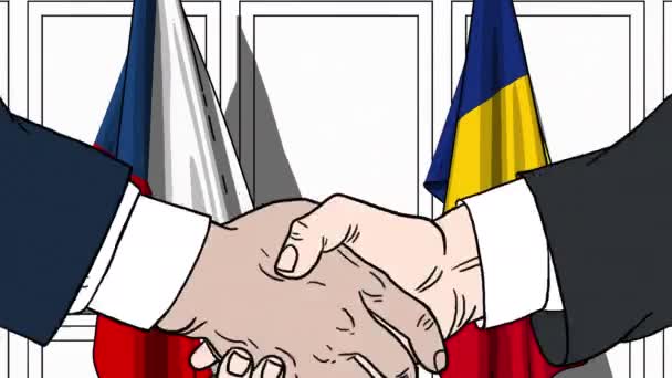 Businessmen or politicians shake hands against flags of the Czech Republic and Romania. Official meeting or cooperation related cartoon animation — Stock Video