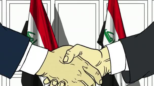 İş adamları veya politikacılar Irak bayrakları karşı el sıkışın. Resmi toplantı veya işbirliği çizgi film animasyon ile ilgili — Stok video
