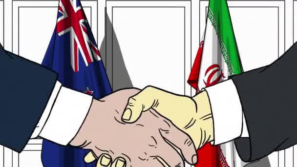ビジネスマンや政治家は、ニュージーランドとイランの国旗に対して手を振る。公式会議や協力関連漫画アニメ — ストック動画