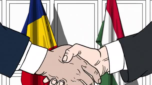 Zakenlieden of politici schudden handen tegen de lijst van vlaggen van Roemenië en Hongarije. Officiële bijeenkomst of samenwerking gerelateerde cartoon-animatie — Stockvideo