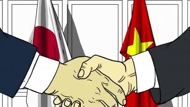 Businessmen or politicians shake hands against flags of Japan and Vietnam. Official meeting or cooperation related cartoon animation — Stock Video