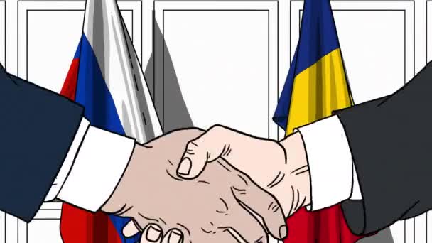 Businessmen or politicians shake hands against flags of Russia and Romania. Official meeting or cooperation related cartoon animation — Stock Video