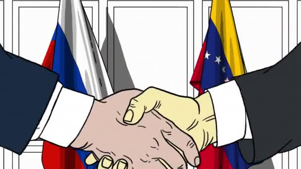 Businessmen or politicians shake hands against flags of Russia and Venezuela. Official meeting or cooperation related cartoon animation — Stock Video