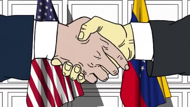 Підприємці або політиків потиснути один одному руки проти прапори США і Венесуела. Офіційна зустріч або співпраці пов'язані з мультфільму анімації — стокове відео