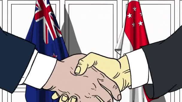 Biznesmenów i polityków uścisnąć dłoń przed flagi Nowej Zelandii i Singapuru. Oficjalne spotkanie lub współpracy z filmów animowanych — Wideo stockowe