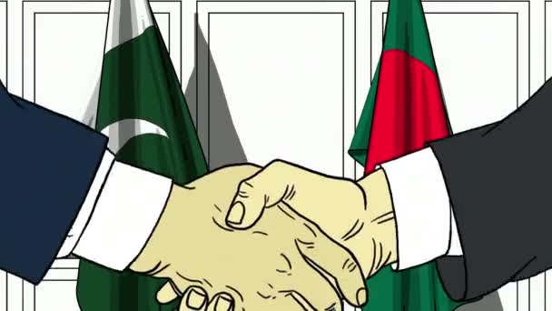 Businessmen or politicians shake hands against flags of Pakistan and Bangladesh. Official meeting or cooperation related cartoon animation — Stock Video