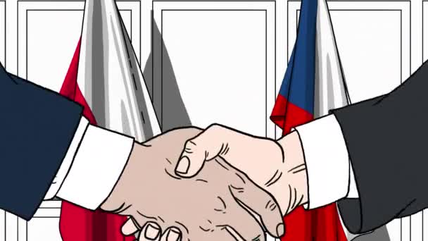 Geschäftsleute oder Politiker schütteln Hände gegen Fahnen Polens und der Tschechischen Republik. offizielles Treffen oder Zusammenarbeit im Zusammenhang mit Zeichentrickfilmen — Stockvideo
