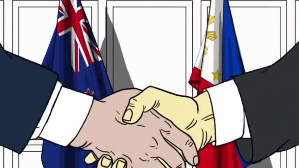 Zakenlieden of politici schudden handen tegen de lijst van vlaggen van Nieuw-Zeeland en de Filippijnen. Officiële bijeenkomst of samenwerking gerelateerde cartoon-animatie — Stockvideo