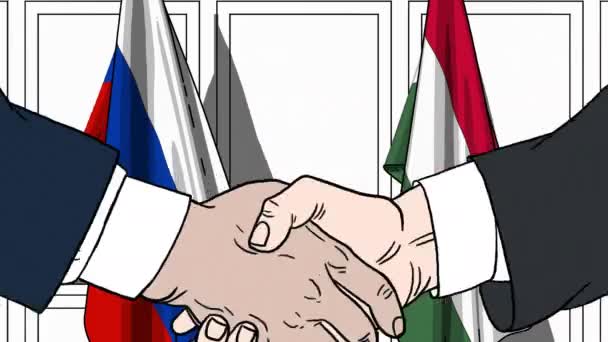 Zakenlieden of politici schudden handen tegen de lijst van vlaggen van Rusland en Hongarije. Officiële bijeenkomst of samenwerking gerelateerde cartoon-animatie — Stockvideo