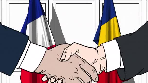 İş adamları veya politikacılar Fransa ve Romanya bayrakları karşı el sıkışın. Resmi toplantı veya işbirliği çizgi film animasyon ile ilgili — Stok video