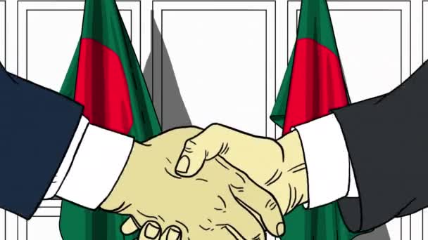 Businessmen or politicians shake hands against flags of Bangladesh. Official meeting or cooperation related cartoon animation — Stock Video
