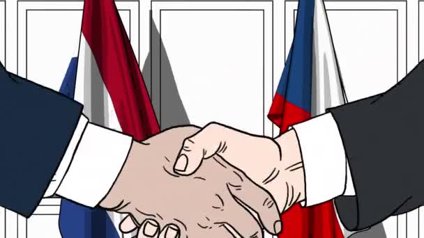 Empresarios o políticos se dan la mano contra las banderas de los Países Bajos y la República Checa. Reunión oficial o animación de dibujos animados relacionados con la cooperación — Vídeo de stock