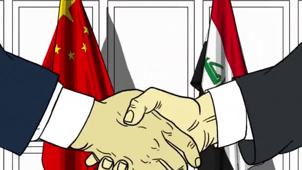 Affärsmän eller politiker skakar hand mot flaggor i Kina och Irak. Officiellt möte eller samarbete med tecknad animation — Stockvideo