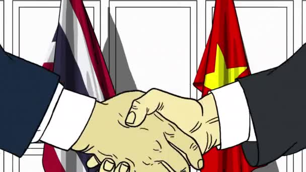 Businessmen or politicians shake hands against flags of Thailand and Vietnam. Official meeting or cooperation related cartoon animation — Stock Video