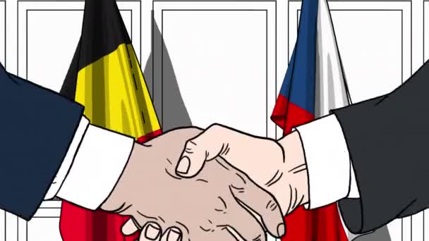 Businessmen or politicians shake hands against flags of Belgium and the Czech Republic. Official meeting or cooperation related cartoon animation — Stock Video