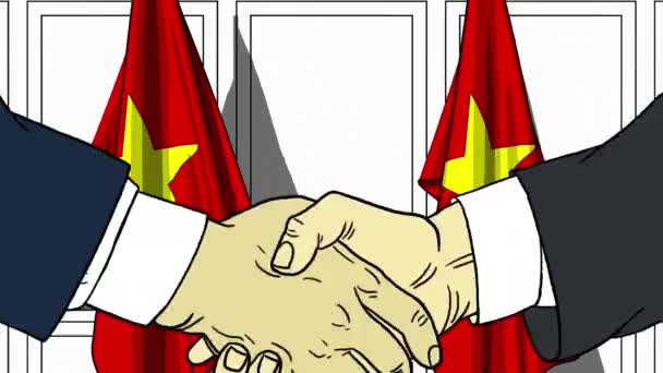 Uomini d'affari o politici stringono la mano contro le bandiere del Vietnam. Riunione ufficiale o animazione animata correlata alla cooperazione — Video Stock