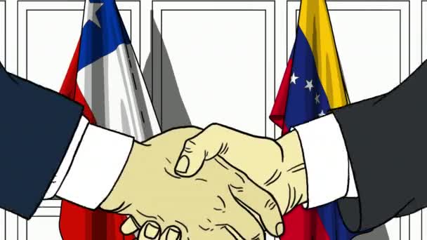 Businessmen or politicians shake hands against flags of Chile and Venezuela. Official meeting or cooperation related cartoon animation — Stock Video