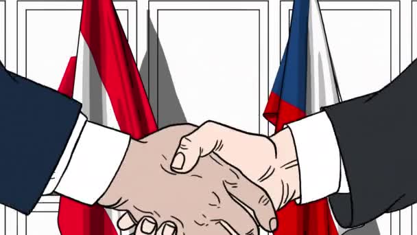 Businessmen or politicians shake hands against flags of Austria and the Czech Republic. Official meeting or cooperation related cartoon animation — Stock Video