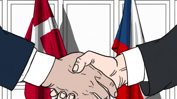 Biznesmenów i polityków uścisnąć dłoń przed flagi Danii i Republika Czeska. Oficjalne spotkanie lub współpracy z filmów animowanych — Wideo stockowe