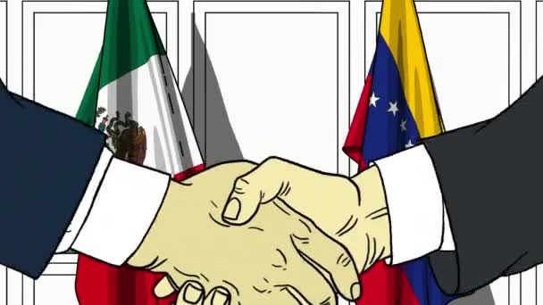 Бизнесмены или политики пожимают руку флагу Мексики и Венесуэлы. Официальная встреча или сотрудничество по анимации мультфильмов — стоковое видео